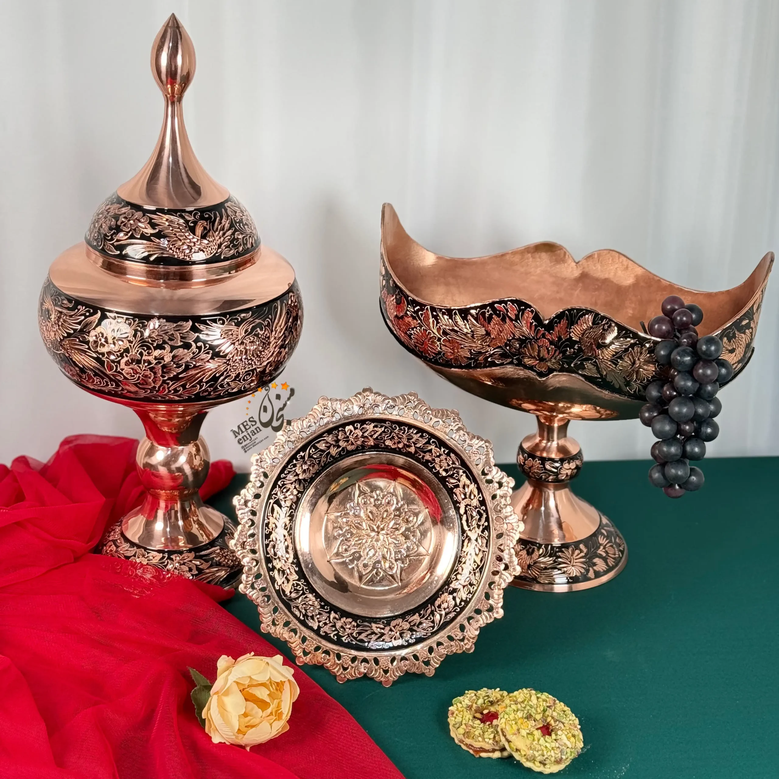 Copper-Serving-Set-Diamond-Cut-Colorfast سرویس پذیرایی مسی الماس تراش رنگ ثابت